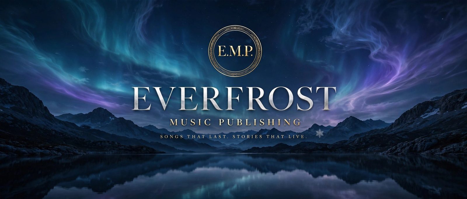 Everfrost Music Publishing emblem beneath an aurora over a mountain lake