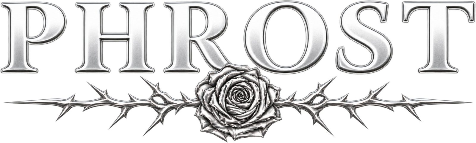 Silver Phrost wordmark with a rose and thorns