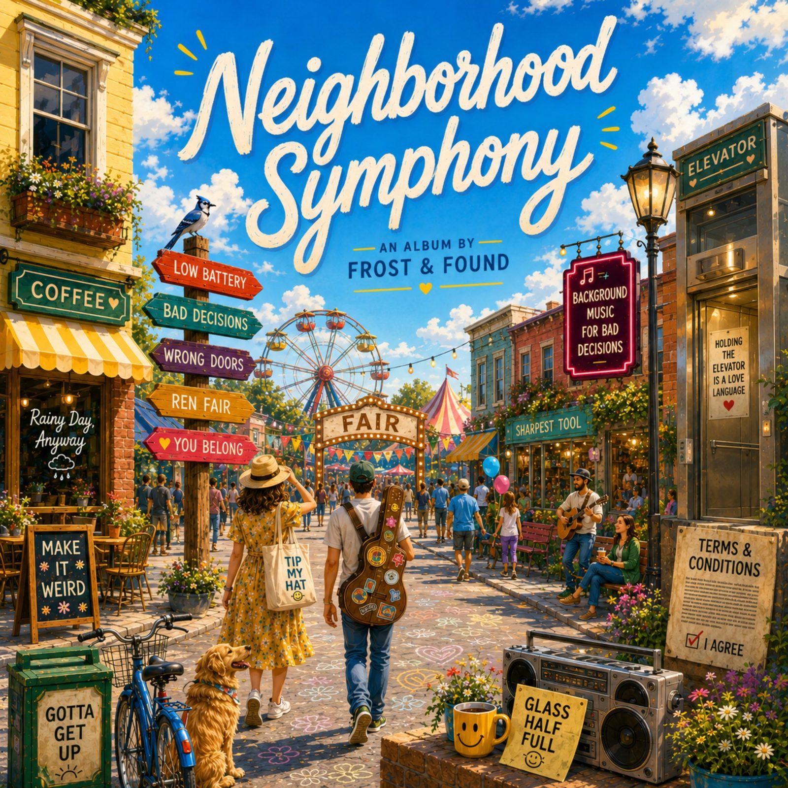 Neighborhood Symphony album artwork showing a colorful neighborhood fair