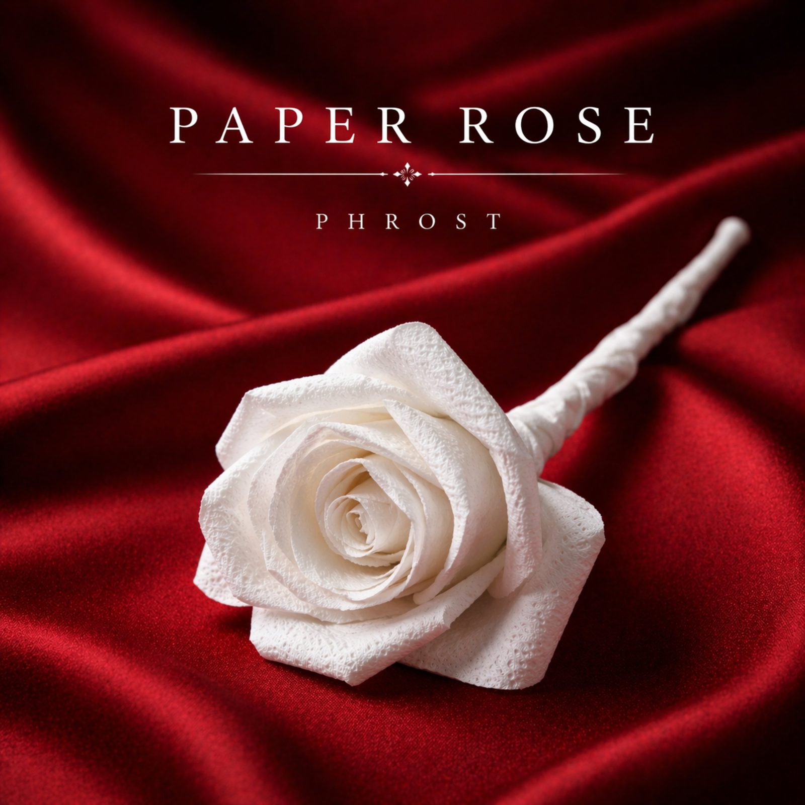 Paper Rose single artwork showing a white paper rose on red fabric