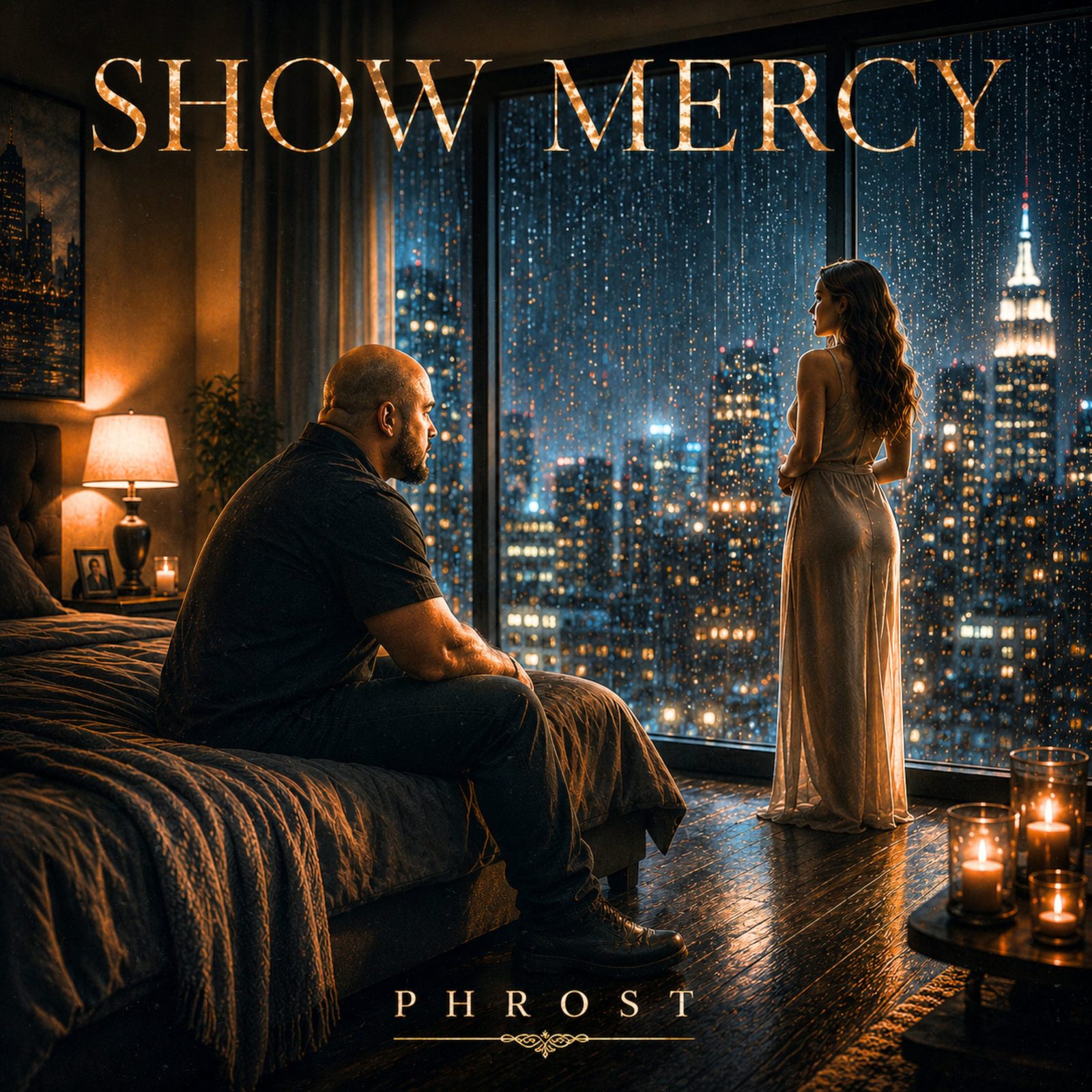 Show Mercy single artwork showing a man and woman in a rain-lit city bedroom