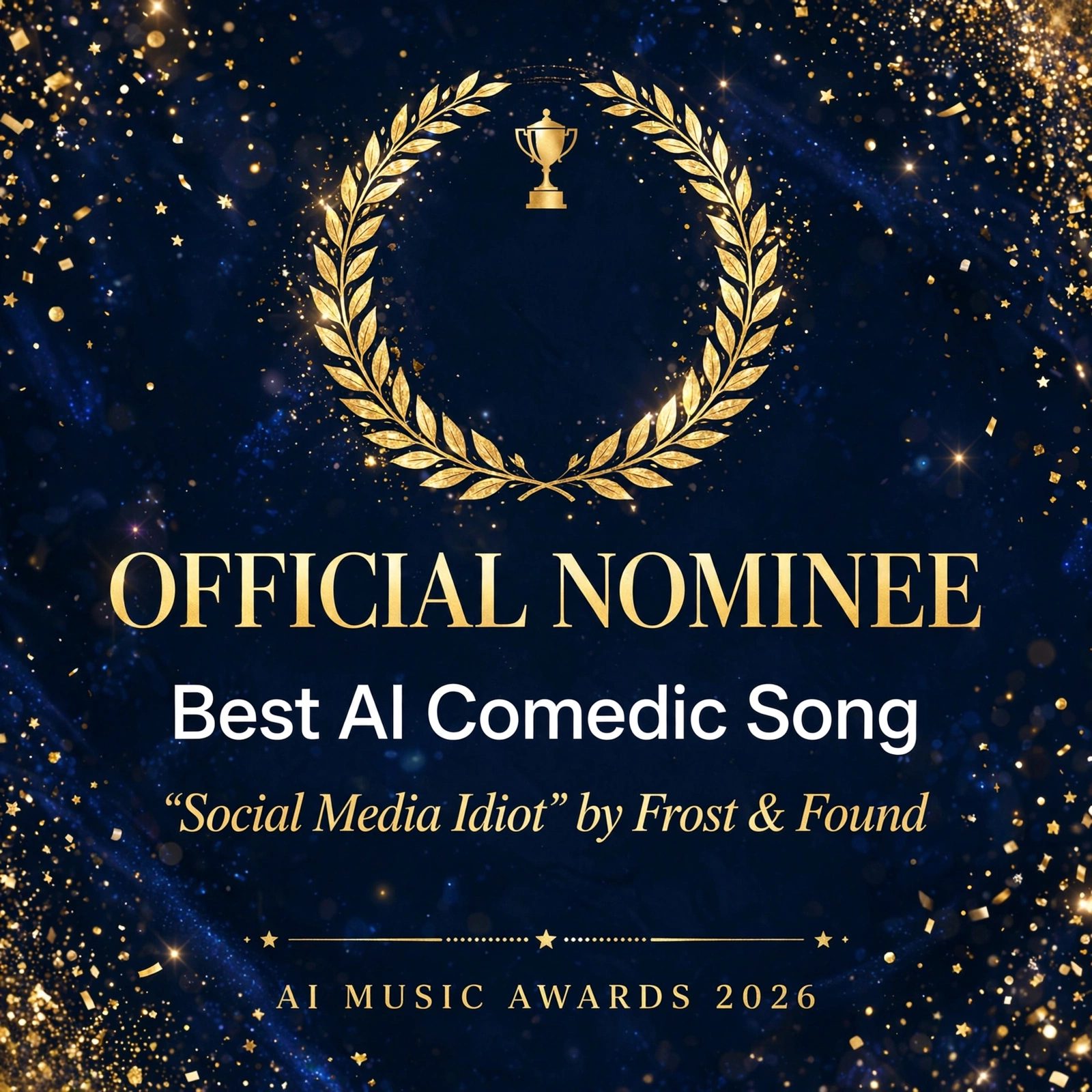 Official nominee artwork for Social Media Idiot, Best AI Comedic Song at the 2026 AI Music Awards