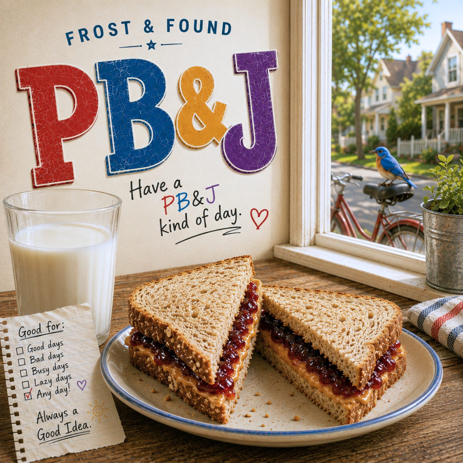 PB and J single artwork showing peanut butter and jelly sandwiches beside a sunny neighborhood window