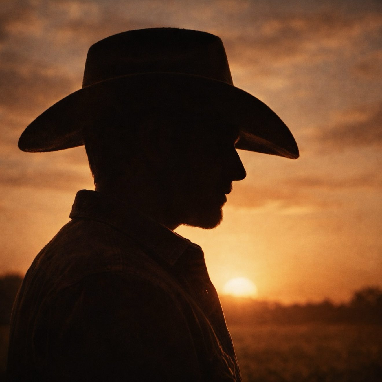 Cole Frost silhouetted in a cowboy hat against a sunset sky